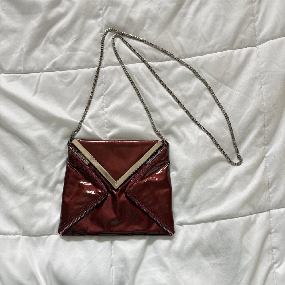 KOOBA Envelope Style Patent Leather Clutch Crossbody Shoulder Chain Dark Red